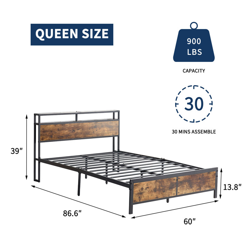 Industrial Full Bed Frame With LED Lights And 2 USB Ports, Bed Frame Full Size With Storage, Noise Free, No Box Spring Needed, Rustic Brown