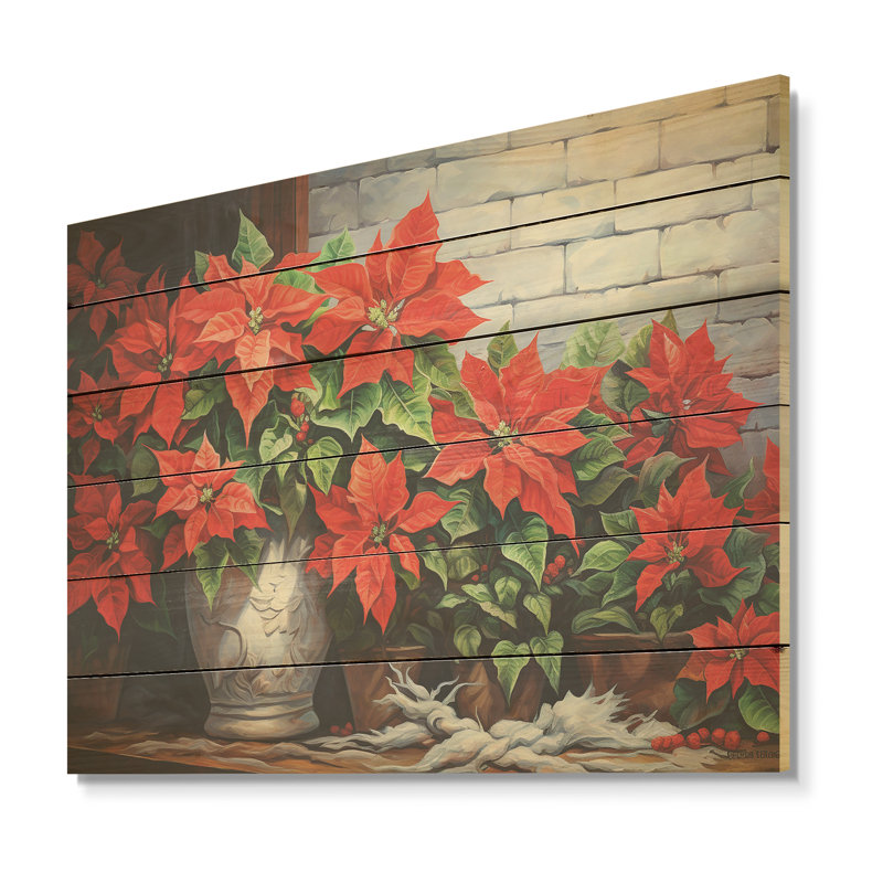 Poinsettias Farmhouse Still Life - Poinsettias Wood Art On Natural Pine Wood, 10" H x 20" W
