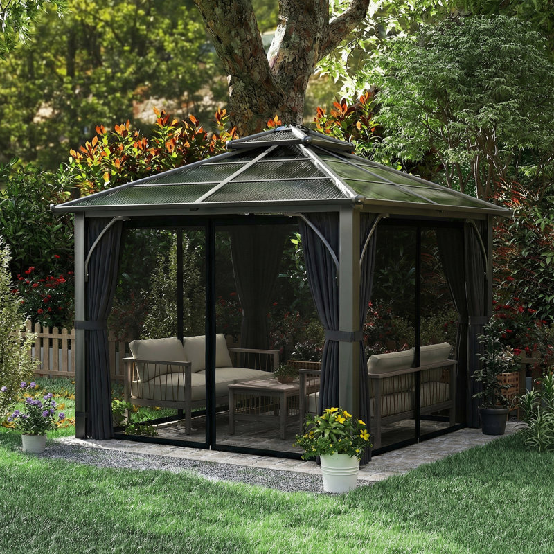Outsunny 3 x 3(m) Hardtop Gazebo Canopy 7mm Double-Tier Roof Dark Grey