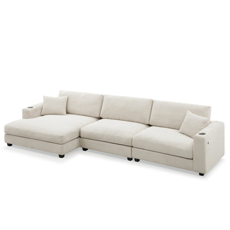134*54"Oversized Corduroy Sectional Sofa,L Shaped Cloud Couch With USB Charging Port,Cup Holder,Deep Seat Sofa Bed With 50" Chaise,Comfy Indoor Furniture For Living Room,3 Colors