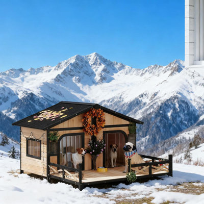 Dog House Wooden Dog Kennel Weatherproof With Porch, Openable Roof, Removable Bottom, Elevated Floor, Double Room