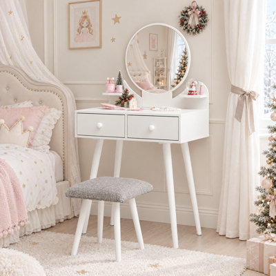 2 In 1 Kids Vanity, Toddler Makeup Dressing Desk With Detachable Large Mirror And Stool, Drawers, Princess Wooden Pretend Play Toys, Ideal Gift For Little Girls Ages 3+(white)