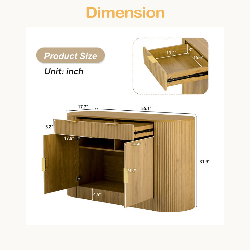 55.1" Modern Storage Cabinet – 2 Doors & 2 Drawers, Stripe MDF Sideboard With Aluminum Handles, Curved Side Door & 3-Tier Shelves