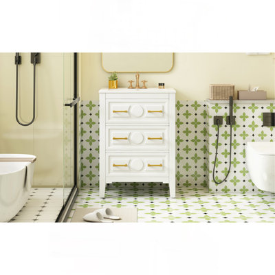 Ensemble de meuble-lavabo sur pied 24 po avec lavabo en céramique, ensemble de meuble-lavabo simple autoportant avec 3 tiroirs et cadre en bois massif