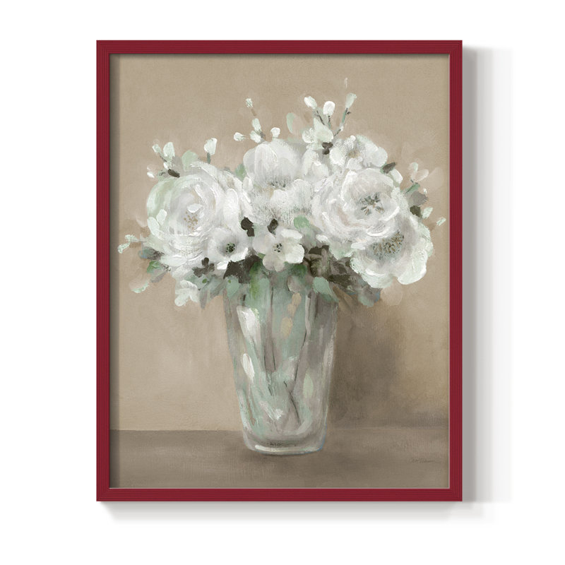 Reproduction encadrée de fleurs blanches - bois massif, H 21 po x l 17 po, Rouge