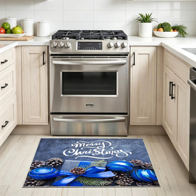 Blue Christmas Gift Ribbon Balls Tree Branches Machine Washable Indoor Area Rug