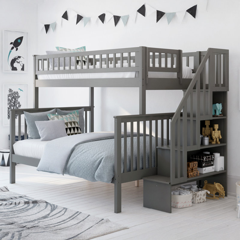 Ilariana Heavy Duty Kids Staircase Bunk Bed, Gray, Twin Over Full