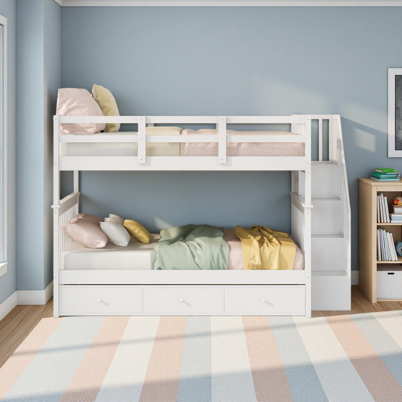 Lit superposé en escalier avec tiroir, rangement et garde-corps pour chambre à coucher, Blanc