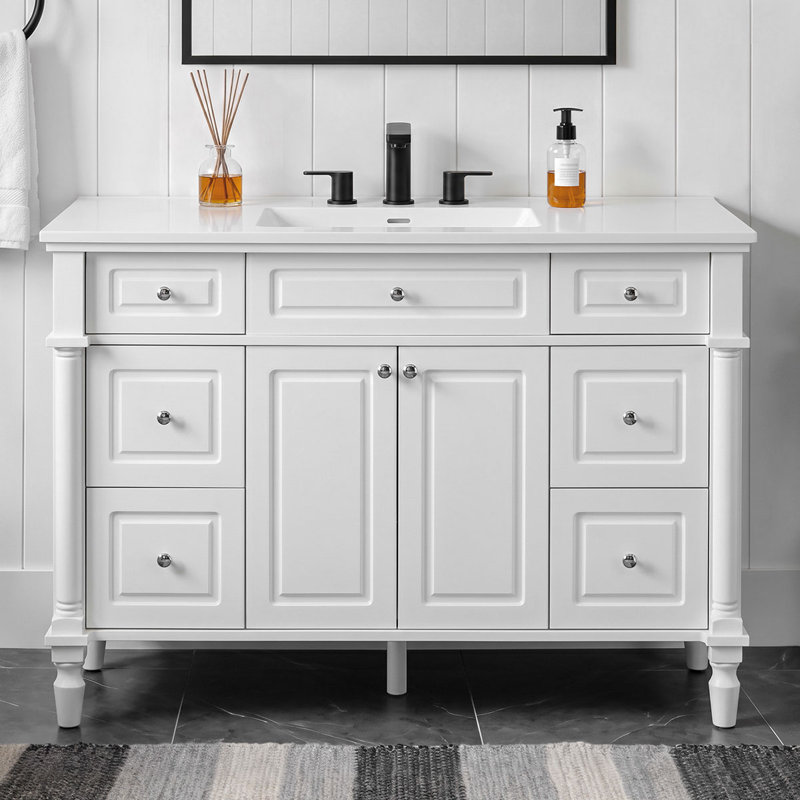 Freestanding Standard Free Standing Single Double Single Vanity Bathroom Vanity With Resin Top, White