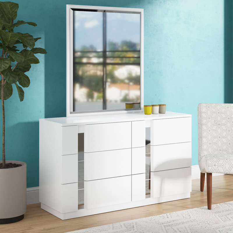 Augie 55'' W 6 - Drawer Dresser, White lacquer/Mirrored