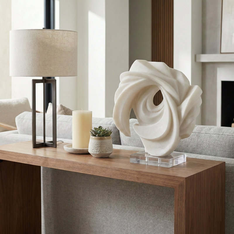 Sculpture moderne en résine avec tourbillon et base en verre pour décoration intérieure - Accent décoratif pour la décoration de salon - 15 po, blanc et transparent
