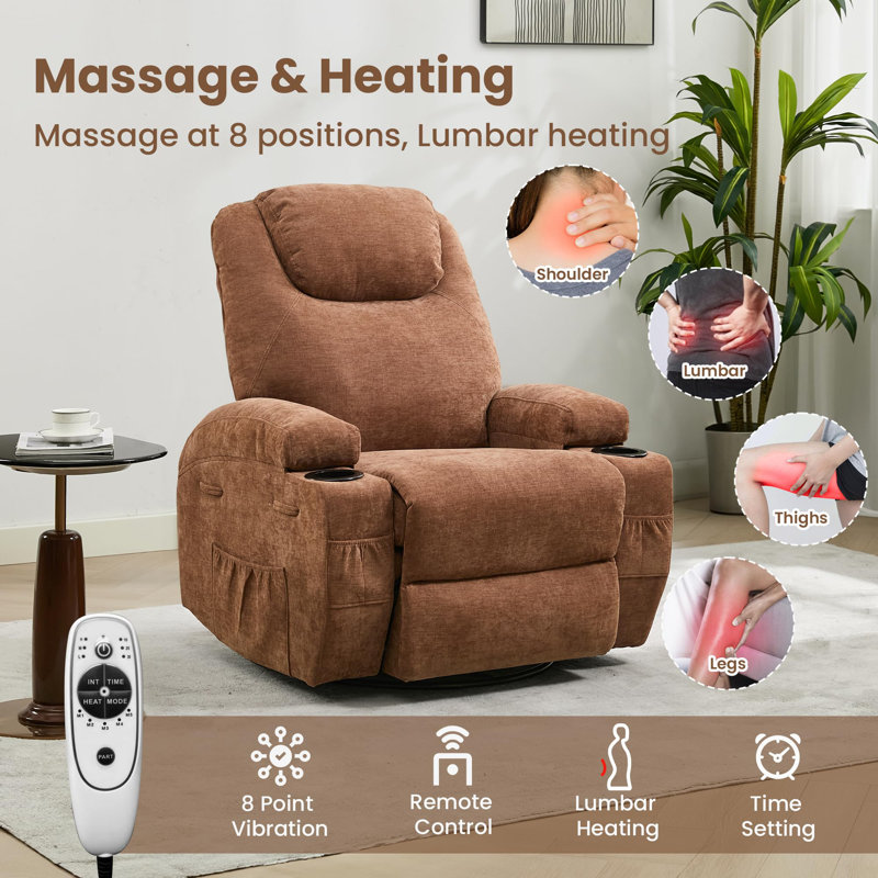 Heated Electric Recliner Chair for Adults,360 Swivel Rocker Recliner with Massage & Heat, Glider Rocking Chair for Living Room, Nursery,Plush Comfort