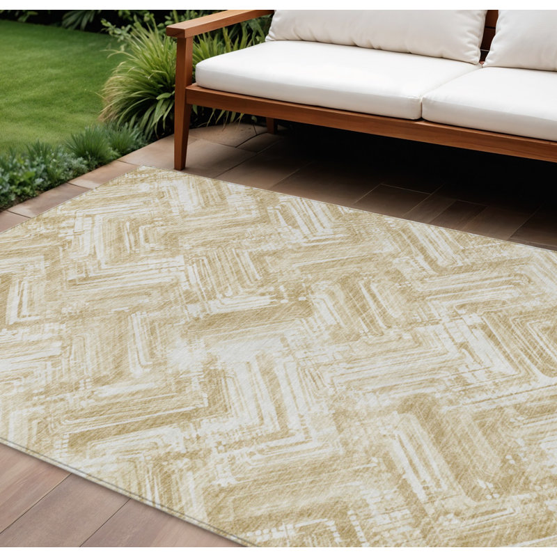 Tapis intérieur / extérieur beige 10 pi x 14 pi beige et ivoire à motif géométrique lavable