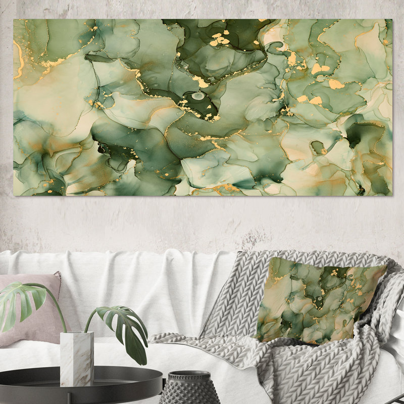 «Green Luxury Abstract Fluid Art I», reproduction d'art sur toile moderne, H 28 po x l 60 po, Toile tendue, Sans cadre