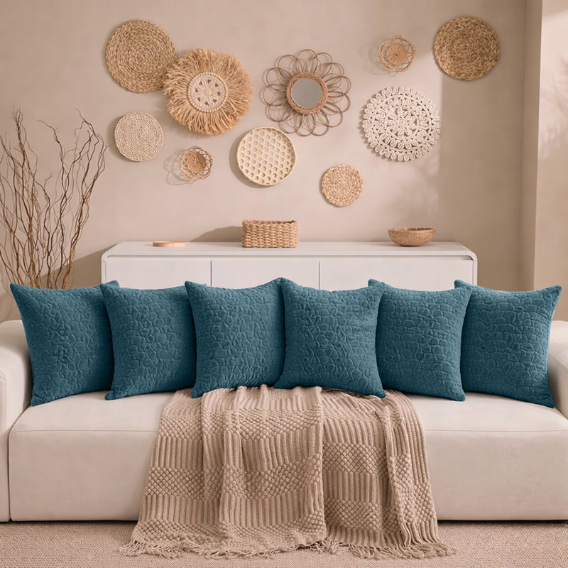 Aspire Homeware Geometric Square Velvet Cushion Covers, Teal, Pack of 6