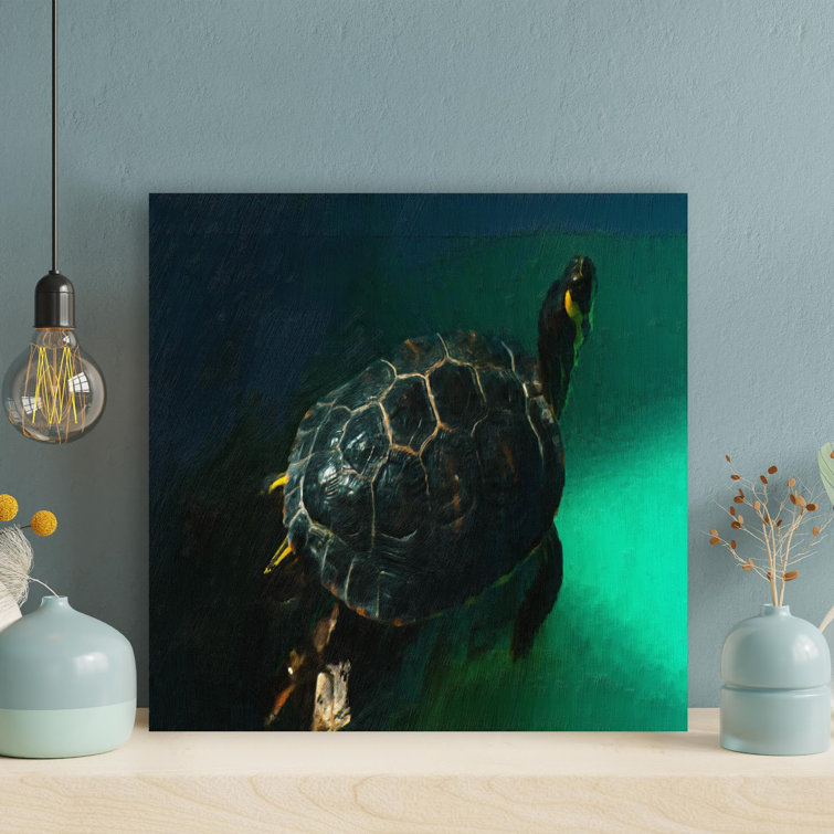 Black And Yellow Turtle Swimming On Blue Water - 1 Piece Square Graphic Art Print On Wrapped Canvas