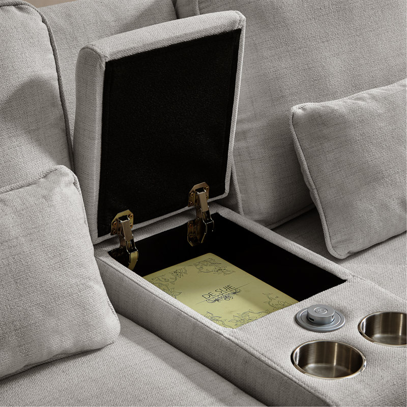 Canapé rembourré de 114 po avec console, 2 porte-gobelets et 3 ports USB câblés, canapé en tissu de lin moderne avec 4 coussins pour salon, appartement (4 places)