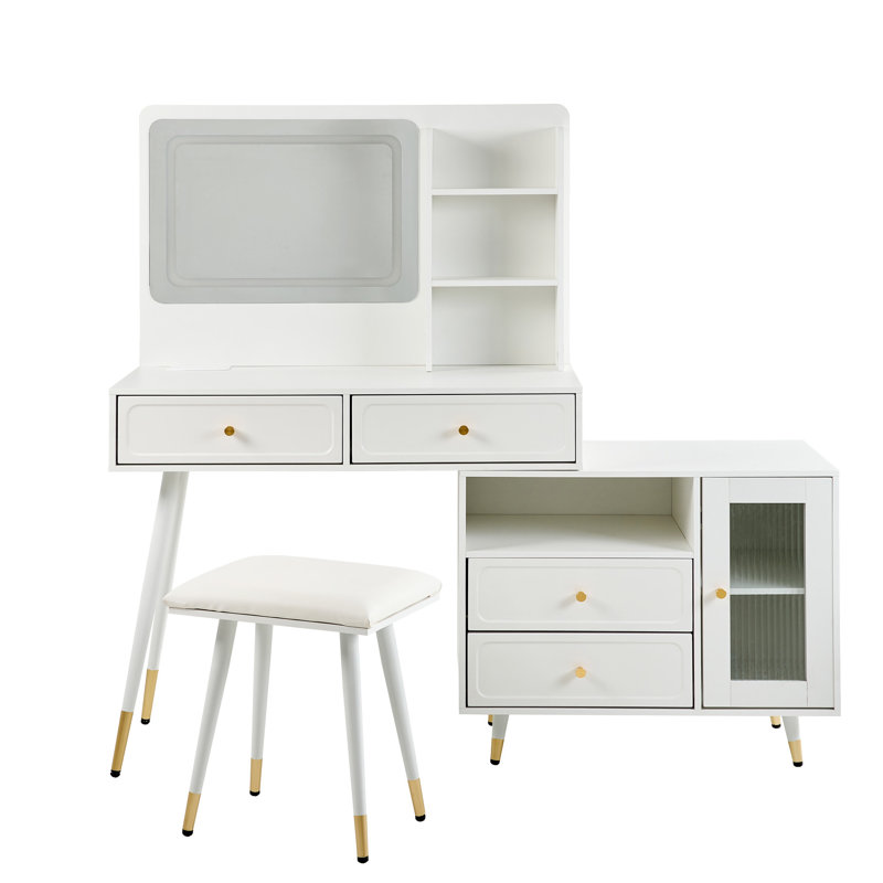 Philip Retractable Makeup Vanity with LED Mirror, Cabinet, Charging Ports & Stool, White