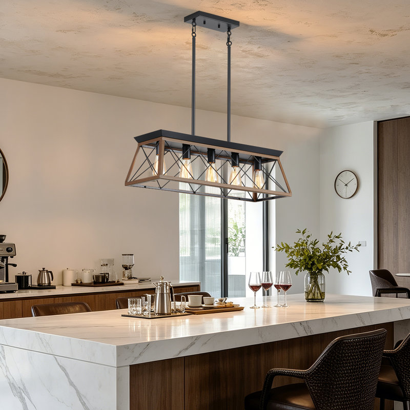 Lustre linéaire à cinq lumières Farmhouse, Natural Wood; Brown - 32"