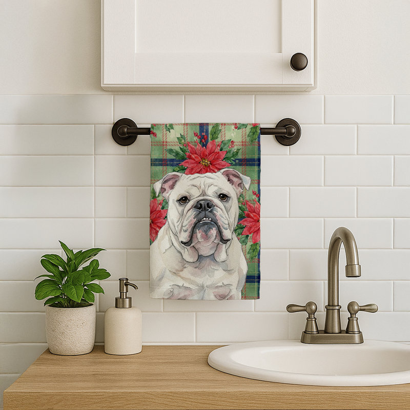 White English Bulldog Christmas PoinsettIas Kitchen Towel, White English Bulldog
