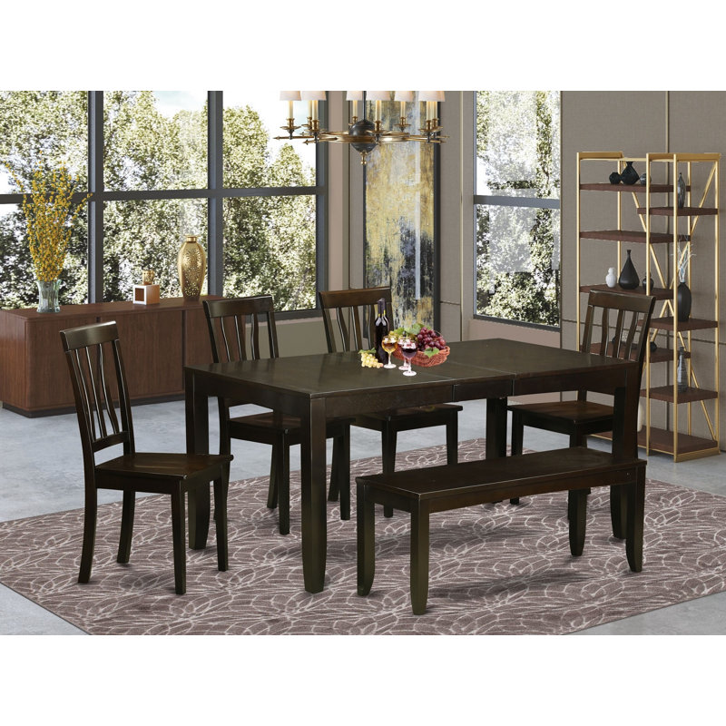 6 Piece Dining Table Set Contains a Rectangle Dining Room Table with Butterfly Leaf and 4 Wooden Seat Chairs with a Bench, Cappuccino