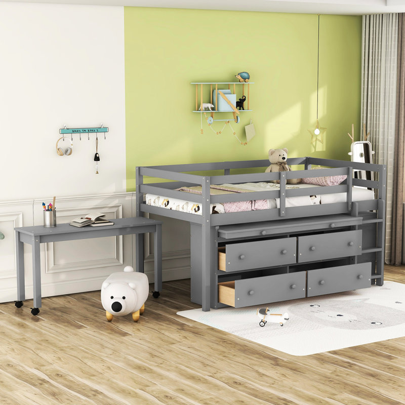 Lit mezzanine simple gris avec bureau et rangement, fabrication en bois massif pour une durabilité de rangement sur tablette latérale - Conception compacte