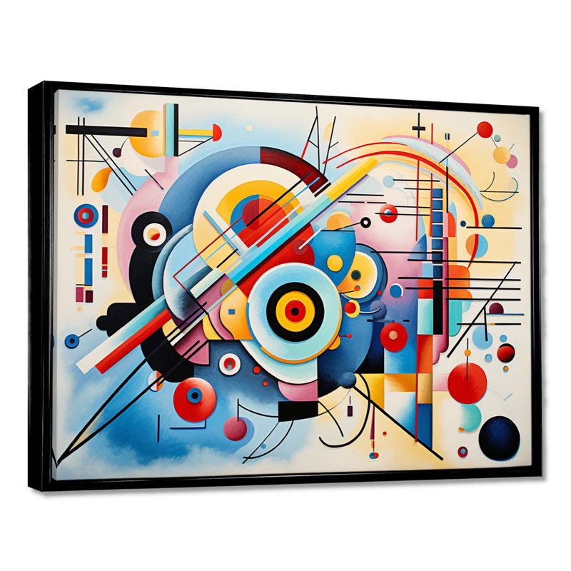 Mid-Century Symphony Blue Jazz II - salon d'art mural géométrique, H 12 po x l 20 po x P 1 po, Toile avec cadre flottant noir