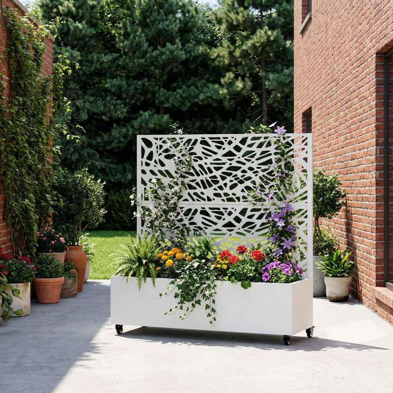 Boîte à fleurs en métal avec treillis et roues, H 47 po x l 47 po x P 16 po, White