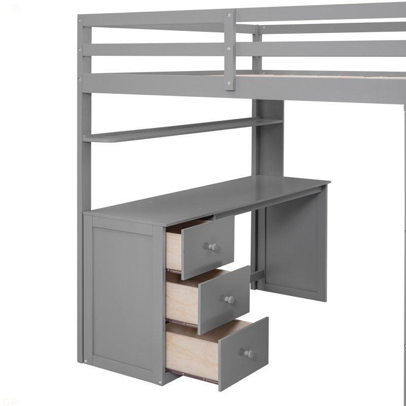 Lit mezzanine double avec tiroirs, bureau et garde-robe, Gris, Double