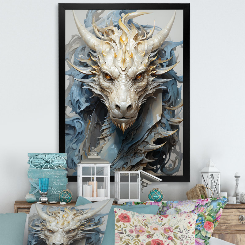 «Epic Blue and Gray Dragon Odyssey III», reproduction sur toile, Cadre simple noir, H 44 po x l 34 po x P 1,5 po