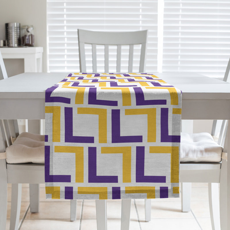 Chemin de table géométrique, 90 po x 16 po, White/Purple/Gold, Coton