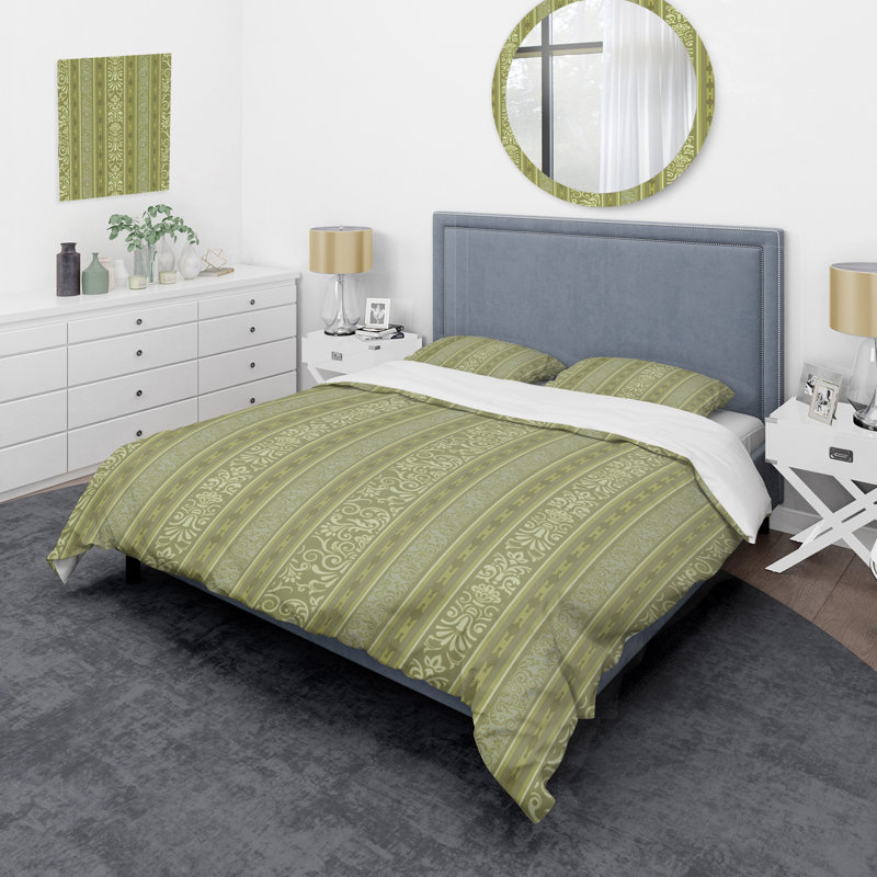 Vert floral rayé - ensemble de housse de couette abstrait - microfibre de polyester