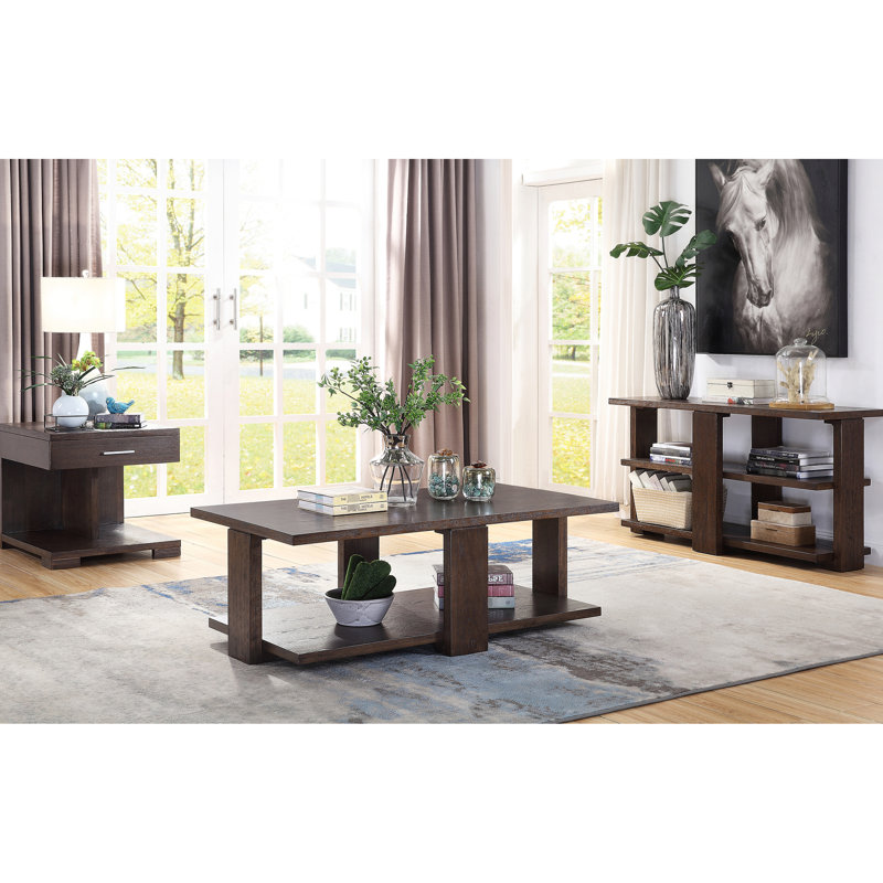 Table en noyer avec 2 tablettes fixes en bois, tablette rectangulaire en bois de peuplier