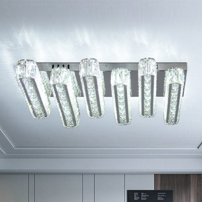 Modern Crystal Chandeliers 6 Lights Led Flush Mount Ceiling Light 20.4" Large Rectangle Chandelier Ceiling Lighting Fixture For Living Room Bedroom (Cool)