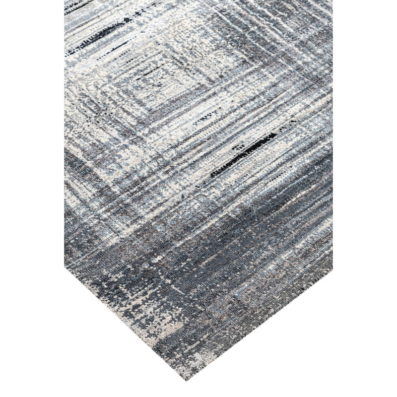 Hand Knotted Abstract Area Rug in Black/White/Gray, Rectangle 10' x 14'