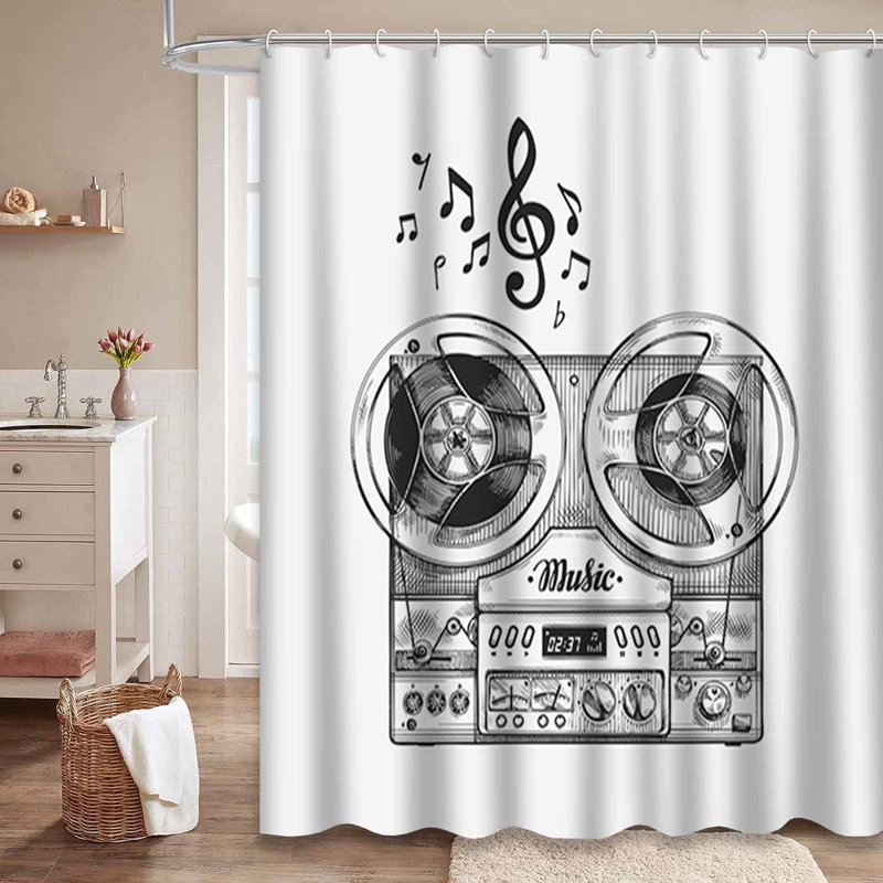 Rideau de douche imperméable rétro avec croquis rétro avec 12 crochets, L 72 po x l 84 po