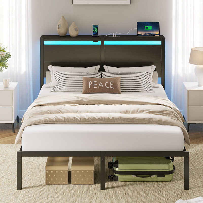 Bed Frame with Headboard, Metal Platform bed with LED Lights, Power Outlets & Under-Bed Storage, Wood, Queen, Dark Black