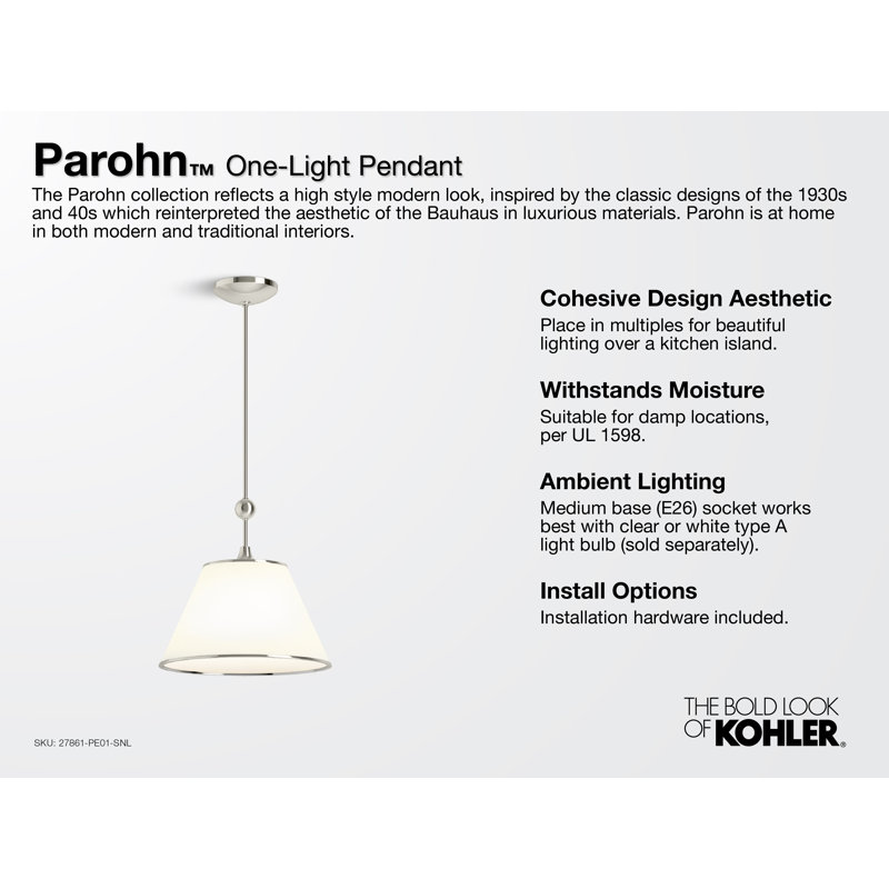 Parohn One-Light Pendant, White, Brushed Modern Brass