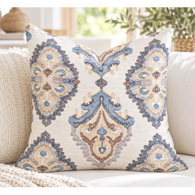 One high quality brown taupe and blue damask cotton pillow cover, medallion print