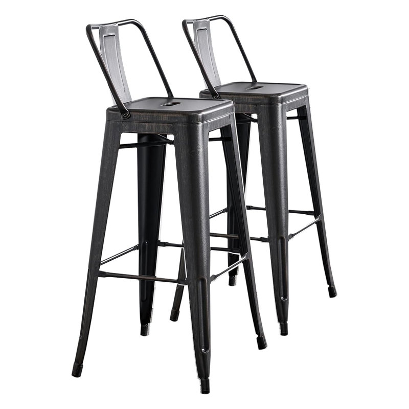 Ensemble de 2 tabourets de bar industriels, sièges de bar en métal d'une hauteur de 30 pouces avec dossier baquet, finition noire