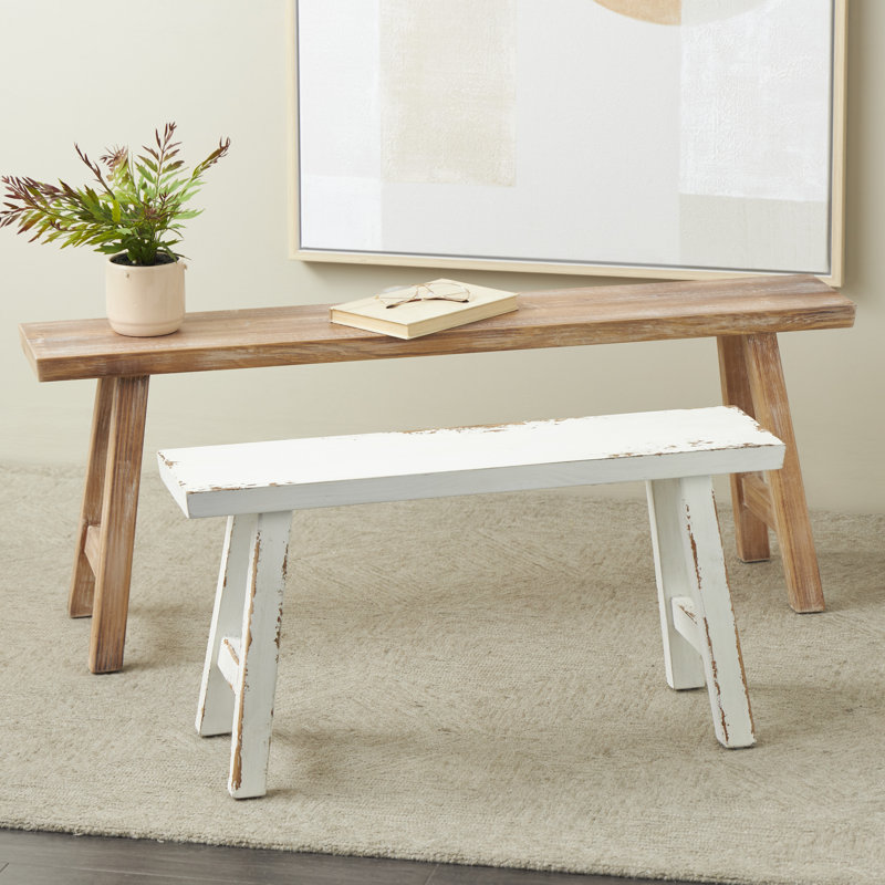 Brunhild Wood Slim Distressed Brown Bench with Smaller White Bench Set