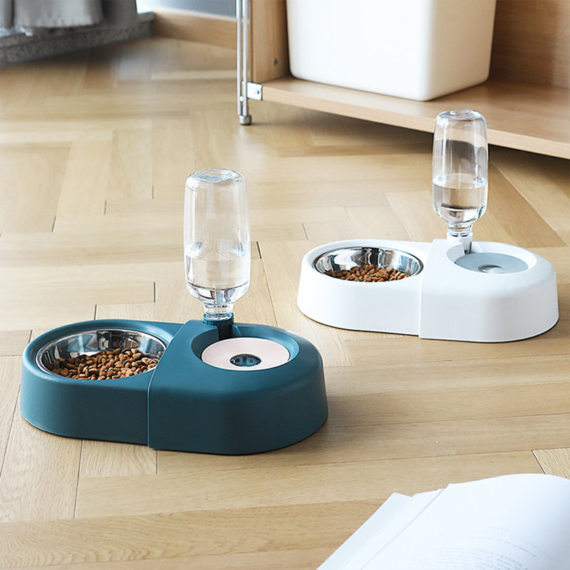 Blue Stainless Steel Pet Feeder with Automatic Water Dispenser