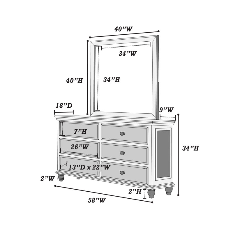 6 Drawer 58" W Double Dresser with Mirror, White