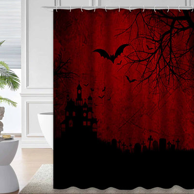 Grunge Halloween Spooky Bats Red Shower Curtain with 12 Hooks