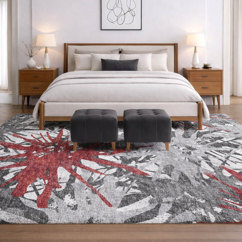 Premium Machine Washable Dream Shag ADS77 Tropical Rug, 3' x 5', Red