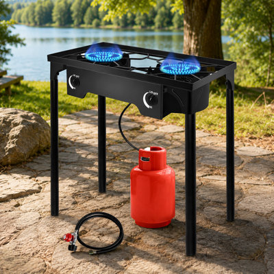 2 Burner Propane Gas Stove for Outdoor Cooking, 150,000 BTU Camping Cooker with Removable Legs, Temperature Control Knobs for Backyard Cooking, BBQ, Baking and Frying
