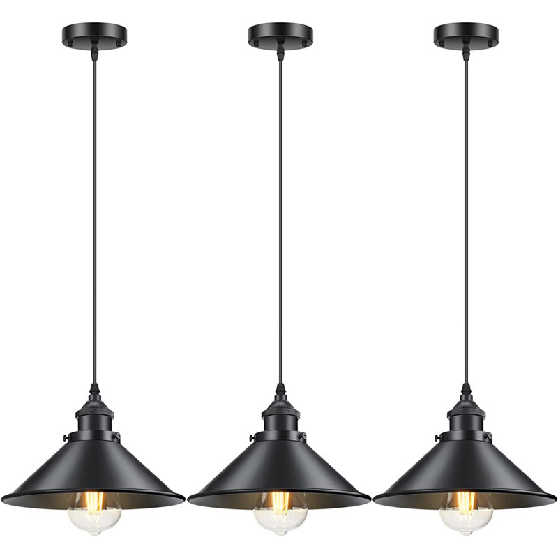 Vintage 1 - Light Hanging Pendant Lights Retro Pendant Light Fixtures with 10.24" Metal Shade(Set of 3), Matte Black