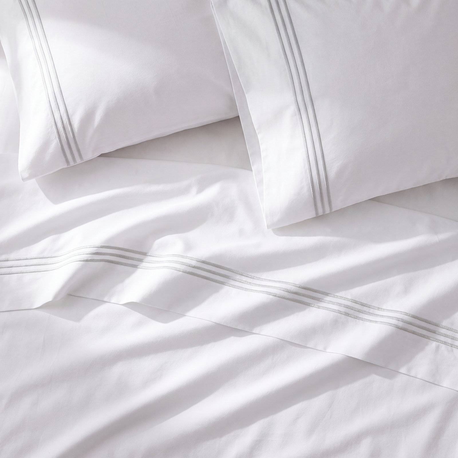 Embroidered Cotton Sheet Set, King Sheet Set with 2 Pillowcases, White/Silver
