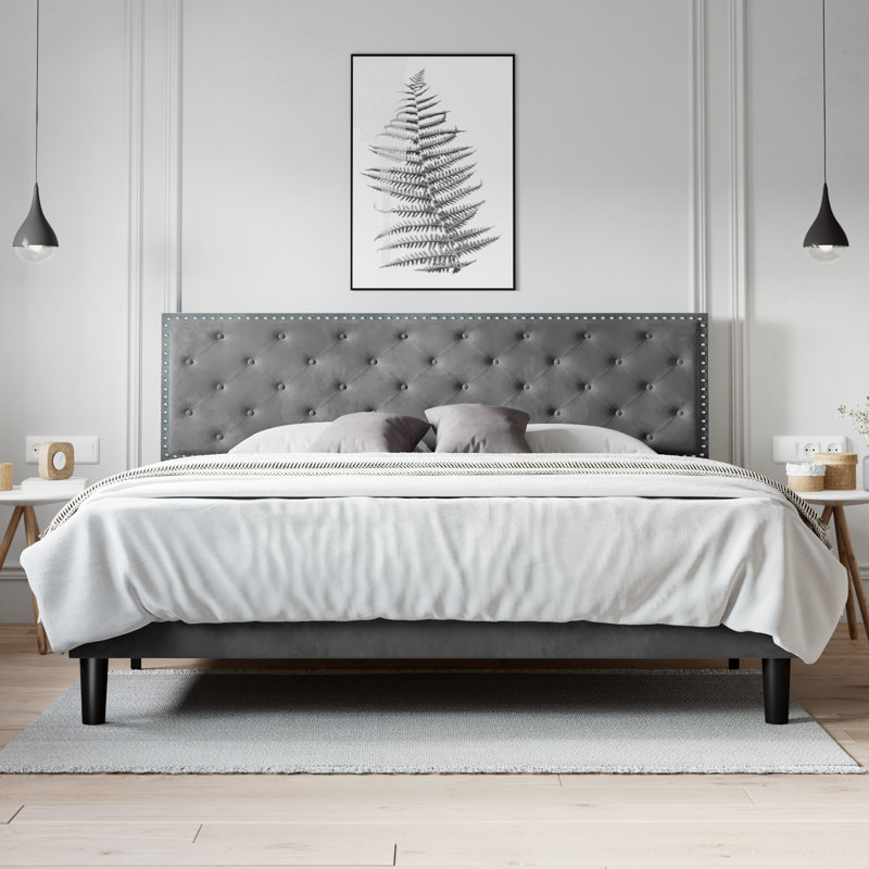 Basnett Upholstered Platform Bed, Gray, Queen