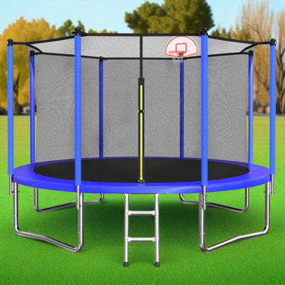 12FT Outdoor Trampoline with Safety Enclosure, Basketball Hoop, Ladder and Jump Mat for Kids and Adults
